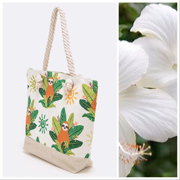 The Tropical Sloth Canvas Beach Tote - Picture 2 of 6